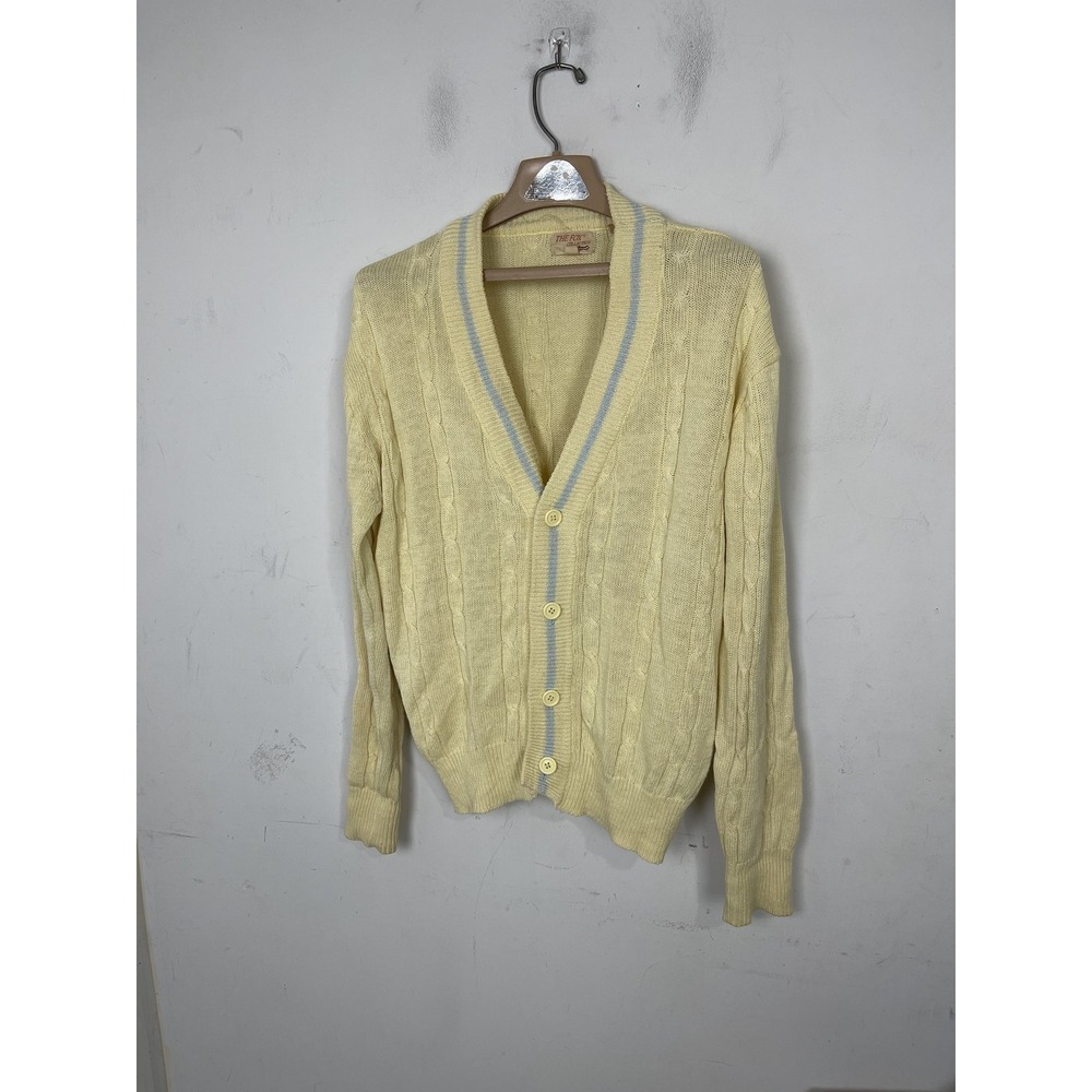 The Fox Collection Women's L Cable Knit Cardigan Sweater Yellow Blue Striped